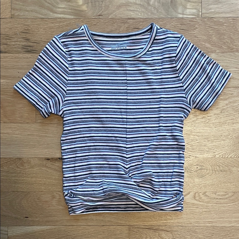 Hollister Navy and Pink Striped Tee